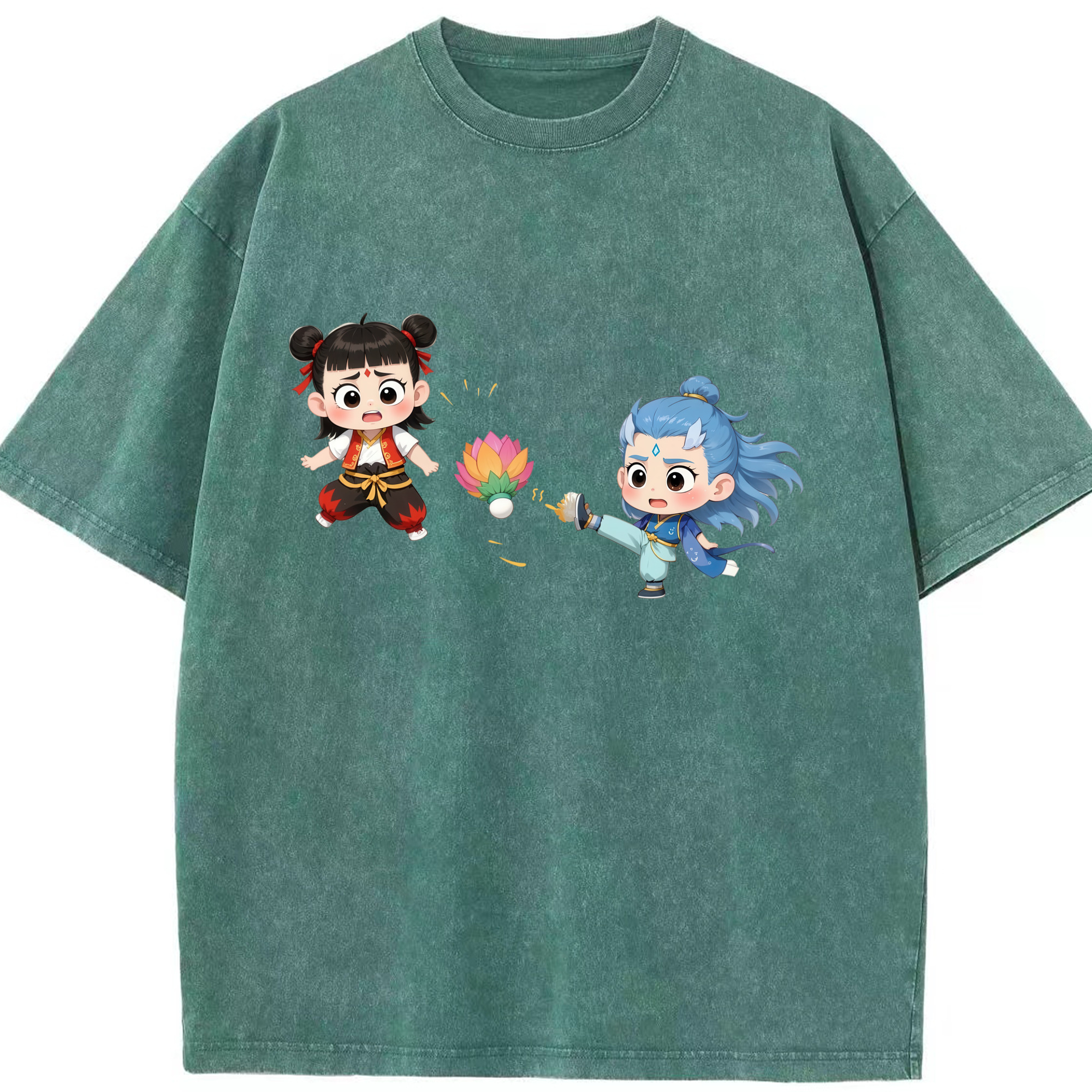 （画像用） Ne Zha 2 ナタ 魔童の大暴れ 綿100% ヴィンテージ風 半袖Tシャツ（フロントプリント）